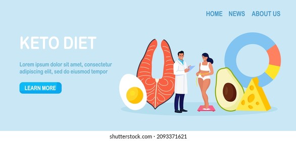 Ketogenic Diet. Woman Stands On Scale. Girl With Balanced Low-carb Food Vegetables, Fish, Avocado, Cheese, Eggs. People With Low Carb Products, Organic Raw Nutrition Paleo Food, Ketones. Weight Loss