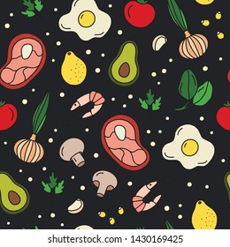 Ketogenic eating seamless pattern. Healthy food hand drawn vector illustration. Low carb high fat nutrition concept. Meat, egg, shrimp, avocado, mushrooms, spinach, corn.