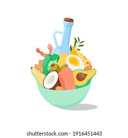 Ketogenic food and products. Coconut, broccoli, avocado, salmon and shrimp, almond and olive. Vegetables and nuts with good fats in plate. Vector illustration.