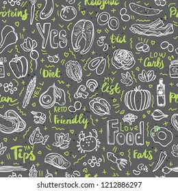Ketogenic food vector seamless pattern, sketch. Healthy keto food - fats, proteins and carbs on endless vector pattern. Seamless Background with Low carbs keto diet food objects. Keto seamless pattern