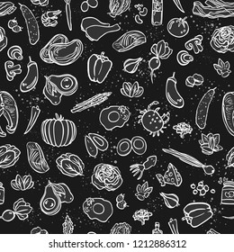 Ketogenic food vector seamless pattern, sketch. Healthy keto food - fats, proteins and carbs on endless vector pattern. Seamless Background with Low carbs keto diet food objects. Keto seamless pattern