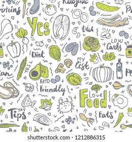 Ketogenic food vector seamless pattern, sketch. Healthy keto food - fats, proteins and carbs on endless vector pattern. Seamless Background with Low carbs keto diet food objects. Keto seamless pattern