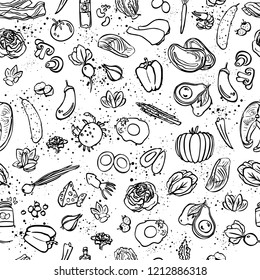 Ketogenic food vector seamless pattern, sketch. Healthy keto food - fats, proteins and carbs on endless vector pattern. Seamless Background with Low carbs keto diet food objects. Keto seamless pattern
