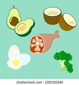 Ketogenic healty food. Low carb keto diet. Eggs, avocado, meet, coconut, broccoli.