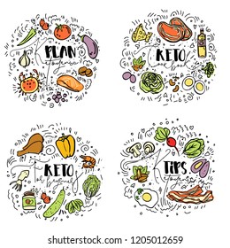 Ketogenic plan, Keto Cook Book, Keto for beginners, Ketogenic Tips - multicolored vector sketch illustration concept. Healthy keto food with texture and decorative elements in four circles - all