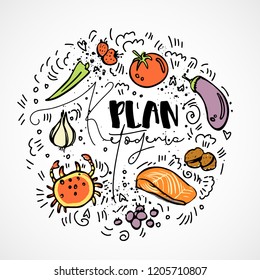 Ketogenic Plan - vector sketch illustration - multi-colored sketch healthy concept. Healthy keto diet Plan with texture and decorative elements in a circle form - all nutrients, like fats, carbs and