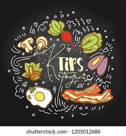 Ketogenic Tips Food sketch illustration - multy-colored vector sketch healthy concept. Healthy keto tips concept with texture and decorative elements in a circle form - all nutrients, like fats, carbs