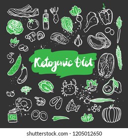 Ketogenic vector sketch illustration. Healthy keto food with texture and decorative elements - fats, proteins and carbs on one vector illustration. Low carbs ketogenic diet food isolated on white