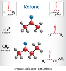 Ketone (alkanone). Acetone and butanone ( methyl ethyl ketone) molecule - structural chemical formula and model. Vector illustration

