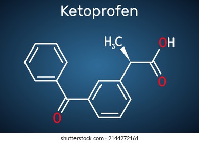 Ketoprofen-Molekül. Es ist ein nicht-steroidales Antiphlogistikum mit Propionsäure, das NSAID enthält. Strukturelle chemische Formel auf dunkelblauem Hintergrund. Vektorgrafik