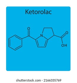 Ketorolac molecular structure, flat skeletal chemical formula. NSAID drug used to treat pain, analgesia. blue background Vector illustration.