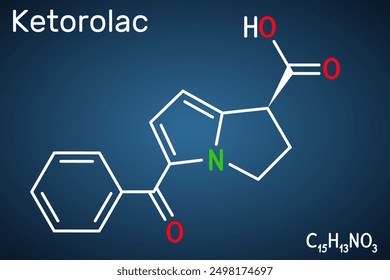 Ketorolac molecule. It is nonsteroidal anti-inflammatory drug NSAID. Structural chemical formula, on the dark blue background. Vector illustration