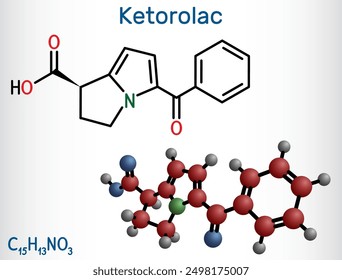 Ketorolac molecule. It is nonsteroidal anti-inflammatory drug NSAID. Structural chemical formula, molecule model. Vector illustration