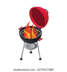 Grillgrill mit Feuer, isometrisches Symbol, 3D, Vektorgrafik