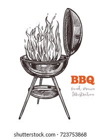 Kettle barbecue grill with flame hand drawn sketch. Bbq equipment for preparation of steaks, sausages and other dishes outdoors. Vector illustration isolated on white background