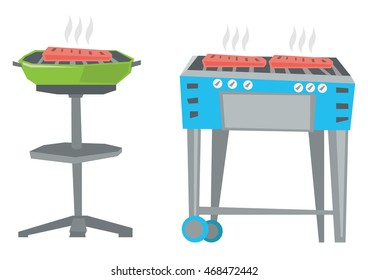 Kettle Barbecue Grill And Barbecue Gas Grill Vector Flat Design Illustration Isolated On White Background.