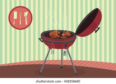 Kettle barbecue grill on vintage background. Picnic camping cooking. BBQ party banner