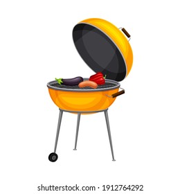 Kettle Barbecue Grill with Sausage and Vegetables Cooking on It Vector Illustration