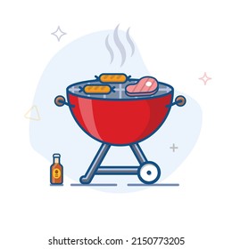 Kettle BBQ Charcoal Grill Vector Outline Illustration. Portable Camping Barbecue Icon. 