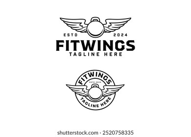 chaleira sino com asas de ângulo delineamento distintivo logotipo design definido para ginásio fitness esporte e competição. kettlelbell com asas ilustração modelo logotipo moderno para musculação, halterofilismo clube 