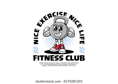 kettle bell fitness gym retro cartoon character mascot illustration with standing pose and showing both arm muscles for fitness gym bodybuilding sport club mascots and merchandise