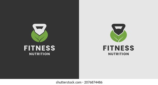 kettle bell gym with leaf combine logo design for fitness nutrition