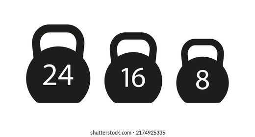 Kettle Bell Icon. Kettlebell With Different Weight. Logo For Fitness, Gym And Training. Set Of Kettlebells With 24, 16 And 18 Kg. Dumbbell Silhouettes Isolated On White Background. Vector.