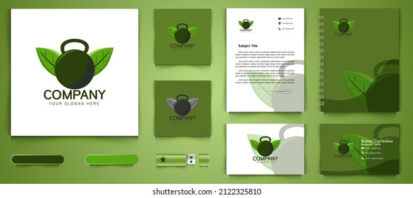 kettle bell and leaf logo and business branding template Designs Inspiration Isolated on White Background