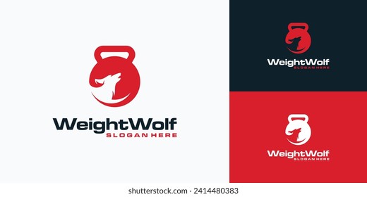 Kettle bell vector logo design with silhouette of a howling wolf.