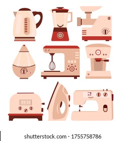 Kettle, blender, coffee machine, humidifier, meat grinder, toaster, iron, sewing machine.  Big set home appliances, kitchen appliances. Flat vector illustration. Icons