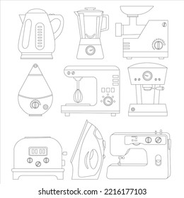 Wasserkocher, Mixer, Kaffeemaschine, Luftbefeuchter, Fleischwolf, Toaster, Bügeleisen, Nähmaschine. Große Haushaltsgeräte, Küchengeräte. Rahmenvektorgrafik. Symbole 