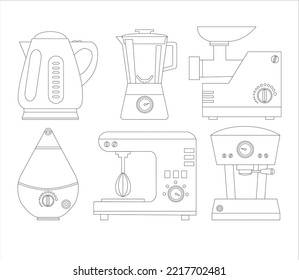 Calentador, licuadora, cafetera, humidificador, molinadora de carne. Grandes electrodomésticos, electrodomésticos de cocina. Ilustración de vector de contorno para aislamiento de diseño web sobre fondo blanco. 