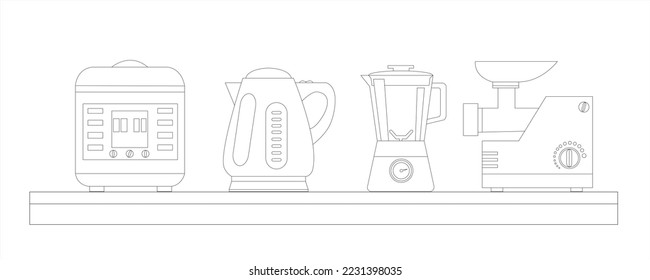 Kettle, blender, slow cooker, meat grinder. Home appliances, kitchen appliances. Outline vector illustration. Icons 