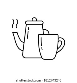 Hervidor con agua hirviendo y taza. Icono lineal del par de té, café matutino. Simple ilustración negra de la elaboración de bebidas calientes, utensilios de cocina. Pictograma vectorial aislado de contorno, fondo blanco