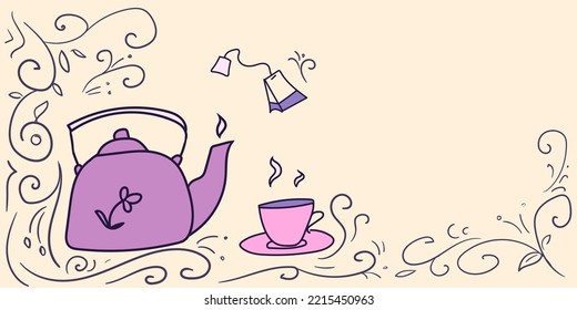 Un hervidor con agua hirviendo, una taza de té y una bolsa de té, con un lugar para insertar, un círculo vectorial con garabatos sobre un fondo de manchas de pintura.
