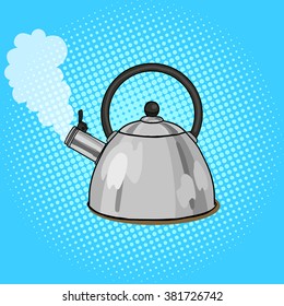 Kettle boils with water pop art style vector illustration. Comic book style imitation. Vintage retro style. Conceptual illustration