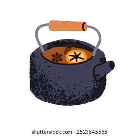 Kettle preparando chá quente com especiarias de inverno. Bebida de outono quente, com fatia laranja, canela, condimentos de anis. Bebida sazonal de outono em chaleira. Ilustração de vetor plano isolada no plano de fundo branco