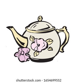 Kettle for brewing tea with a pink flower. Drawn by hand. Vector illustration. On white background.