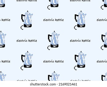 Kettle cartoon character seamless pattern on blue background. Pixel style