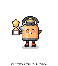 kettle cartoon as an ice skating player hold winner trophy , cute style design for t shirt, sticker, logo element