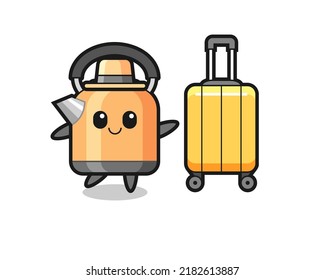 kettle cartoon illustration with luggage on vacation , cute style design for t shirt, sticker, logo element