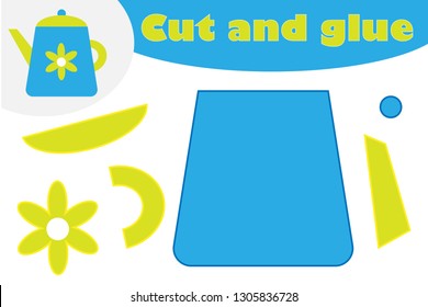 Kettle in cartoon style, education game for the development of preschool children, use scissors and glue to create the applique, cut parts of the image and glue on the paper, vector illustration