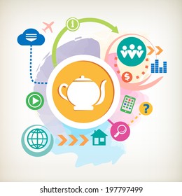Kettle  and and cloud on abstract colorful watercolor background with different icon and elements.  
