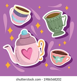kettle and coffee cups decoration set