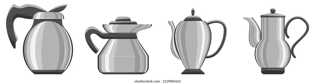 Kettle, coffee pot for making hot drinks and boiling water. Kitchen utensils, bar, restaurant, appliance store. Set of vector icons, gray, cartoon, complex flat, isolated