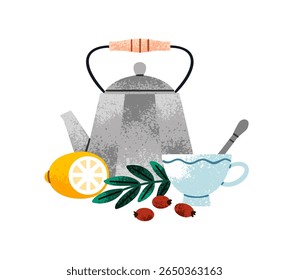 Kettle and cup of barberry tea with lemon. Teapot with water for infusing herbal beverage with berries. Mug of hot drink, teacup with spoon. Flat isolated vector illustration on white background