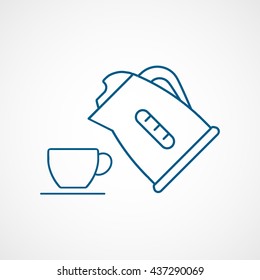Kettle and Cup Blue Line Icon On White Background