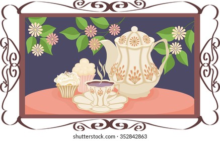 Kettle, Cup and cake of tea on the table.