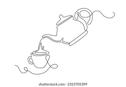 Hervidor de agua con una línea continua en la taza. Creatividad minimalista y arte. Bebidas calientes, té y café. Desayuno tradicional matutino. Esbozo y dibujo con tetera. Ilustración lineal vectorial