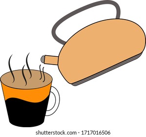 
Kettle and cup, hot coffee and tea. Vector image isolated on white background.